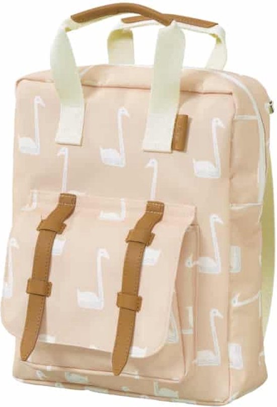 Lichtroze rugzak met witte zwanenprint, bruine riempjes en crèmekleurige banden.
