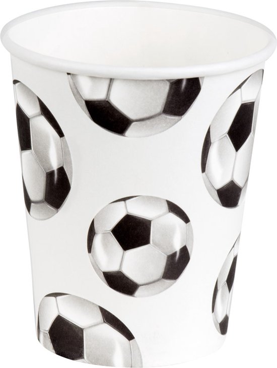 Witte papieren beker met een patroon van zwarte en witte voetballen.
