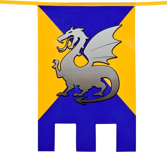 Een geel en blauw banier met een grijze draak.