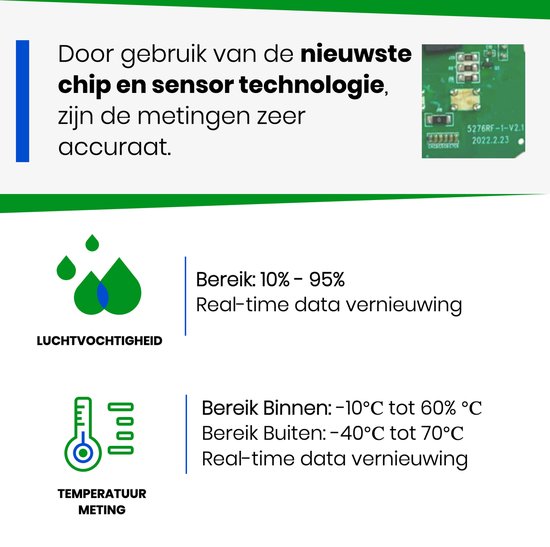 YUCONN Weerstation Hygrometer - Luchtvochtigheidsmeter - Binnen en Buiten - Draadloos met Buitensensor - Thermometer Binnen - Digitaal - Wit