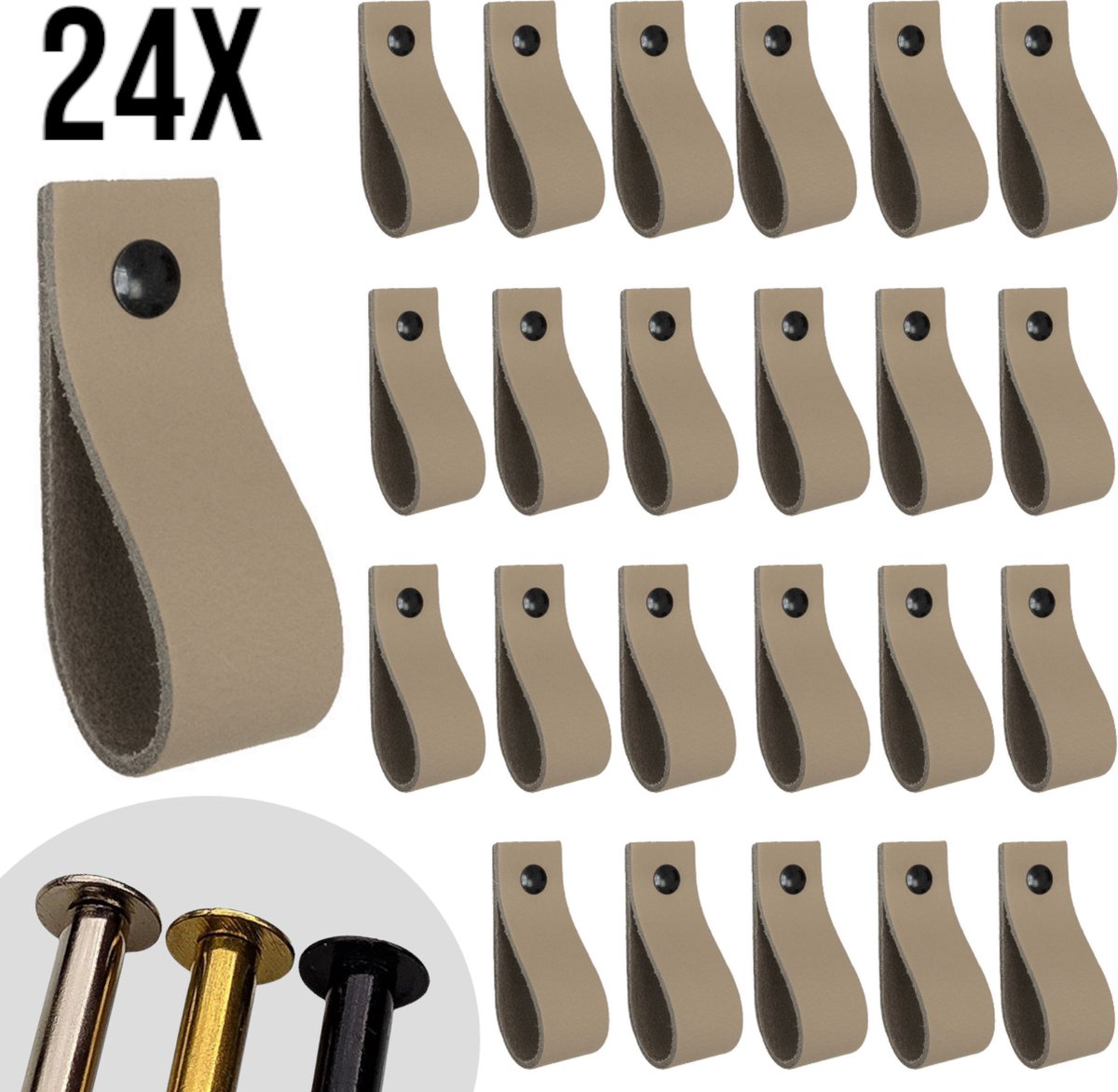 Leren lusjes - Taupe - 24 stuks - incl. 3 kleuren schroefjes (leren handgrepen - leren handgreepjes - leren greepjes)