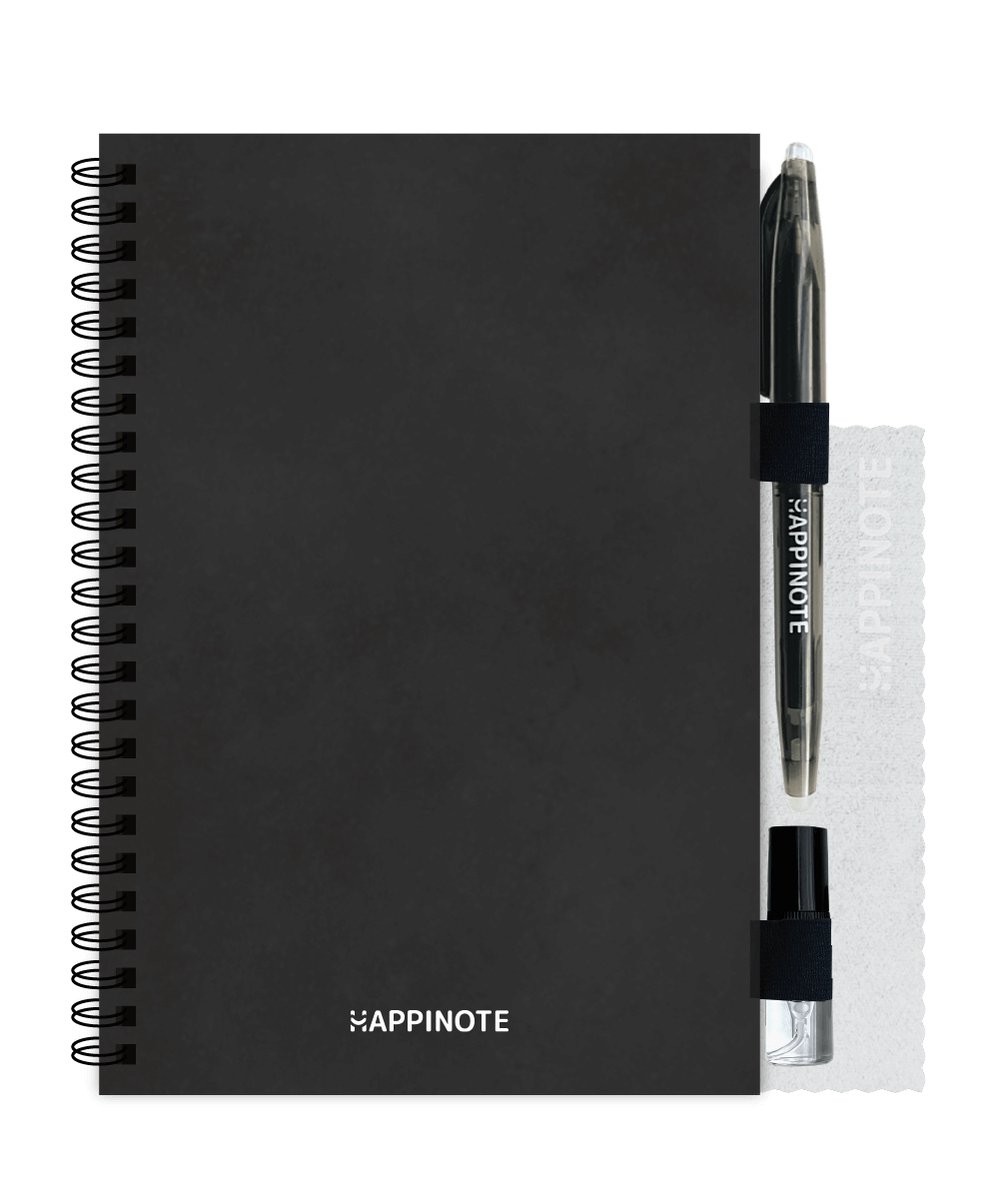 Happinote | Uitwisbaar Notitieboek A5 - inclusief uitwisbare pen, waterspray, houders én doekje - Black Stone | 100 pagina's steenpapier verdeeld onder 8 verschillende layouts | Journal | Cadeau | Moederdagcadeau