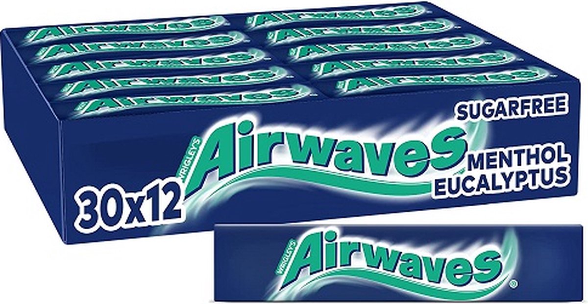 AIRWAVES - Chewing-gum Menthol et Eucalyptus sans sucres - 5 paquets de 10  dragées - 70g