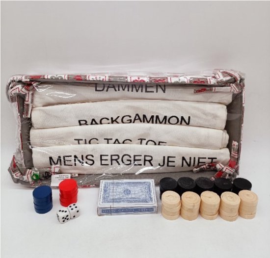 Afbeelding van het spel 5 in 1 stoffen spellen pakket -Dammen - Backgammon - Tic Tac Toe - Mens erger je niet en een kaartspel.
