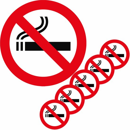 Sticker verboden te roken 10.5 cm vierkant - Niet roken - Set 6x stuks