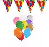 Folat - Verjaardag 11 jaar feest thema set 50x ballonnen en 2x leeftijd print vlaggenlijnen