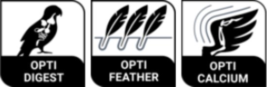Pictogrammen: Opti Digest met papegaai, Opti Feather met veren, Opti Calcium met vleugels.
