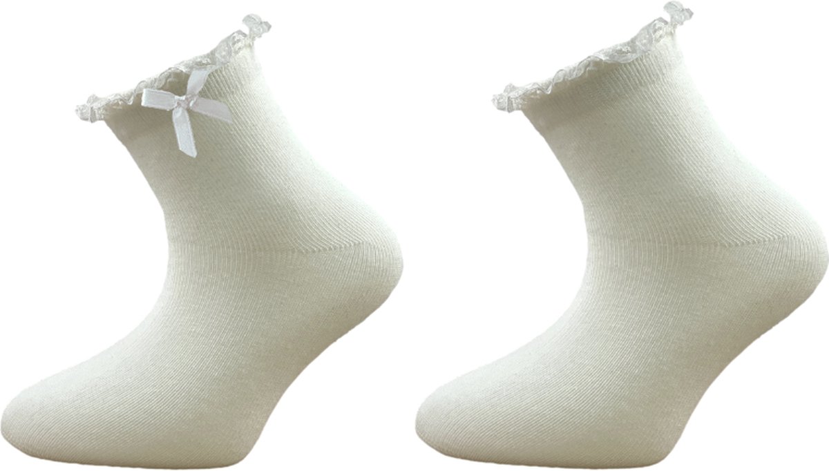 2 paires de chaussettes fille - Volants/Noeud - Ecru - Taille 31-34