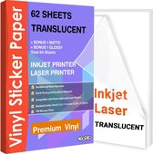 62 Translucent Vinyl Stickervellen A4 Printer Paper - Stickerpapier Voor Printer - Incl. 2 Geschenkvellen - Inkjet & Laser Printer - Waterbestendig - Scheurbestendig - Sneldrogend - Sticker Printer Papier - Etiketten Stickers - Stickerpapier A4