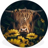 WallCircle - Wandcirkel ⌀ 60 - Schotse hooglander - Bloemen - Koe - Botanisch - Dieren - Ronde schilderijen woonkamer - Wandbord rond - Muurdecoratie cirkel - Kamer decoratie binnen - Wanddecoratie muurcirkel - Woonaccessoires