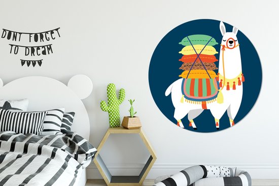 Lama Witte sur fond bleu Assiette en plastique cercle mural ⌀ 150 cm - impression photo sur cercle mural / cercle vivant (décoration murale)