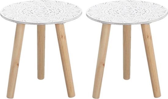 Set van 2x stuks bijzettafels rond hout wit/naturel 30 x 30 cm - Home Deco meubels en tafels