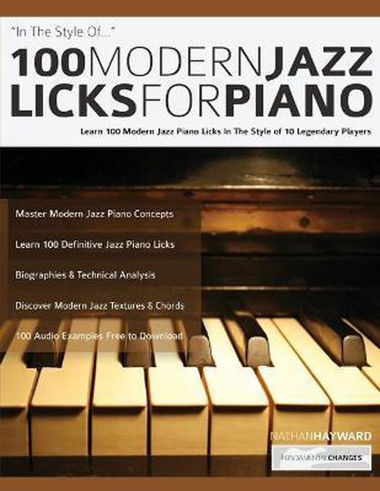 Livre '100 Modern Jazz Licks For Piano' avec gros plan sur les touches de piano.