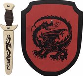 Houten Dolk met schede en ridderschild rood zwarte Draak  schild zwaard ridder kinderzwaard