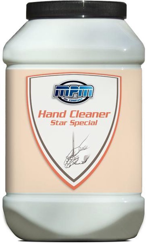 Grote witte pot met het label 'MPM Hand Cleaner Star Special'. Op het label staat een afbeelding van handen.
