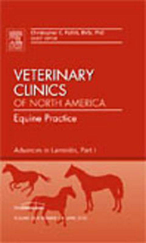 Boek met rode kaft, titel "Veterinary Clinics of North America Equine Practice", ondertitel "Advances in Laminitis, Part 1", met silhouetten van drie paarden.