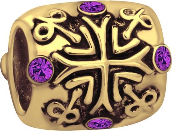 Quiges - 925 - Zilveren - Bedels -Sterling zilver - Beads - Kruis Symbool Goudkleurig met Zirkonia Paars Kraal Charm - Geschikt – voor - alle bekende merken - Armband Z450