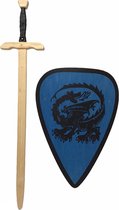 roofridderzwaard met ridderschild blauw met draak kinderzwaard houten zwaard houten ridder schild