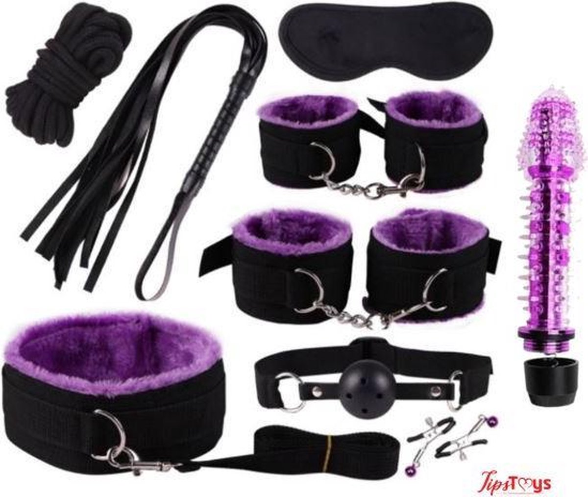 Goedkoopste TipsToys Sex Bondageset - Vibrator Dildo Handboeien Tepelklemmen Prostaat - SexToys Vrouwen Paars