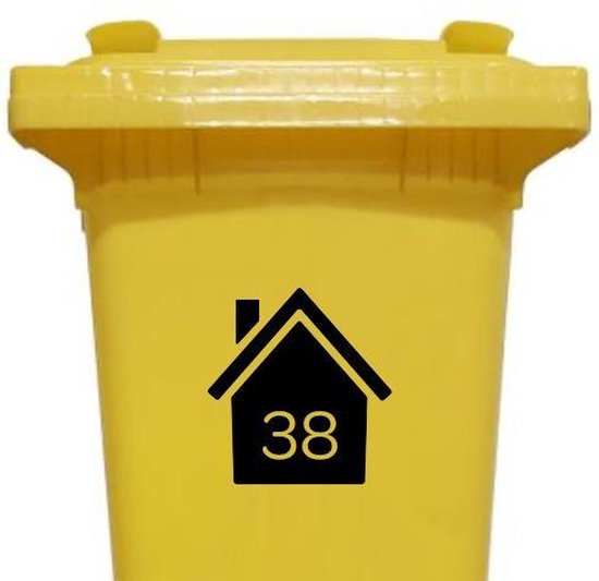 Gele vuilnisbak met huisnummer 38.