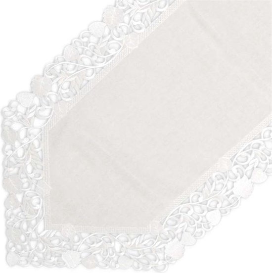 Tafelkleed - Linnenlook - Gebroken wit met blaadjes - Loper 250 cm