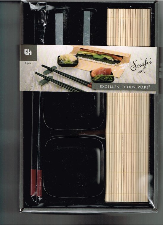 Foto: 7 delig sushi set 1 placemat 2 sets eetstokken 2 bakjes 2 blokjes voor de lepels zwart of wit