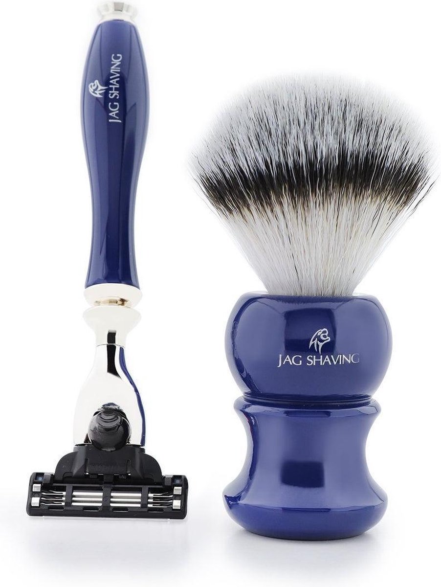 Jag Scheer Hoge kwaliteit 2-delige scheerset, beste kwaliteit, luxe 3-kant scheermes, synthetische scheerkwast, beste voor mannen scheren (veiligheidsscheermes met scheerkwast)