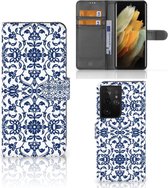 Telefoon Hoesje Geschikt voor Samsung Galaxy S21 Ultra Book Case Flower Blue