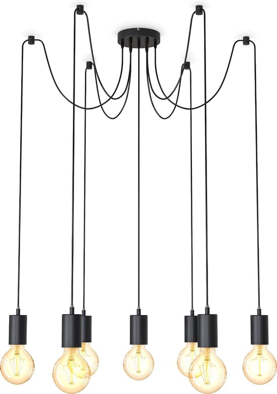 B.K.Licht - Hanglamp - kroonluchter - met 7 lichtpunten - industriële  - zwart - pendellamp - vor binnen - eetkamer - slaapkamer - in hoogte verstelbaar - E27 fitting - excl. lichtbronnen