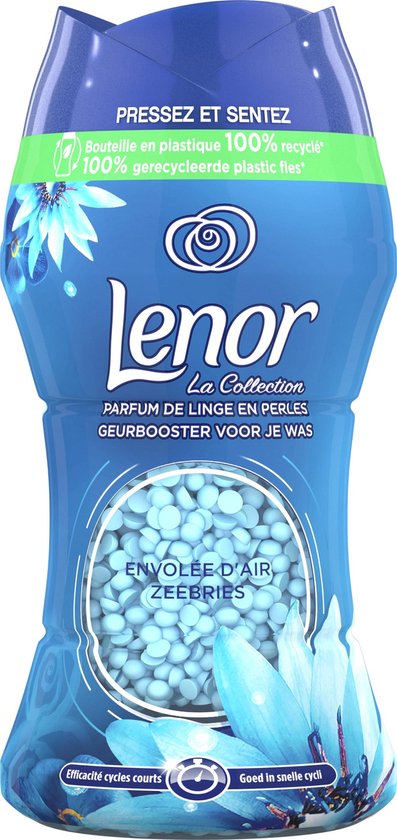 Bouteille de perles de parfum Lenor "Zeebries" avec motifs de fleurs bleues. Fabriqué à partir de bouteilles en plastique 100% recyclé.