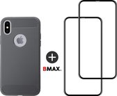 BMAX Telefoonhoesje geschikt voor iPhone XS - Carbon softcase hoesje grijs - Met 2 screenprotectors full cover