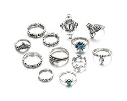 Fako Bijoux® - Bohemian Stijl Ringenset - Ringen Set - Kaya - 12-Delig - Zilverkleurig