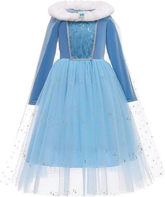 Elsa jurk Deluxe met bontkraag + kroon maat 134-140 (140) Prinsessen jurk verkleedkleding