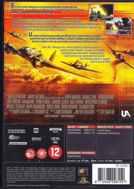 Achterkant dvd 'Battle of Britain'. Met uitleg over de film en cast. Bevat oorlogsvliegtuigen.