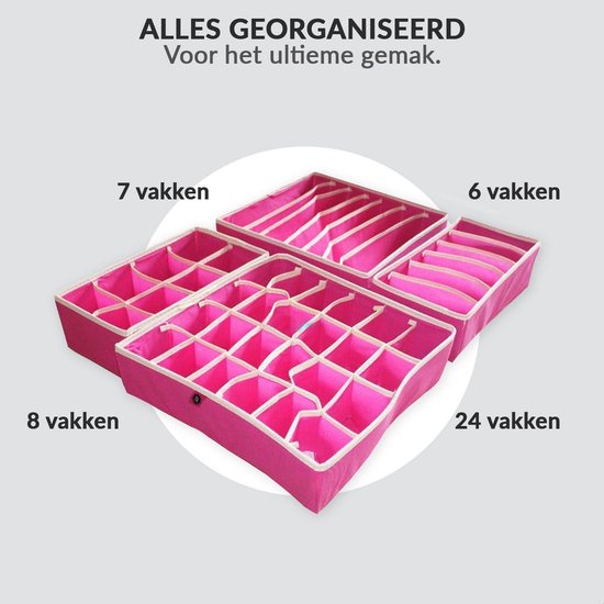 Vier roze opbergdozen in verschillende maten met vakken: 7, 6, 8 en 24 vakken.