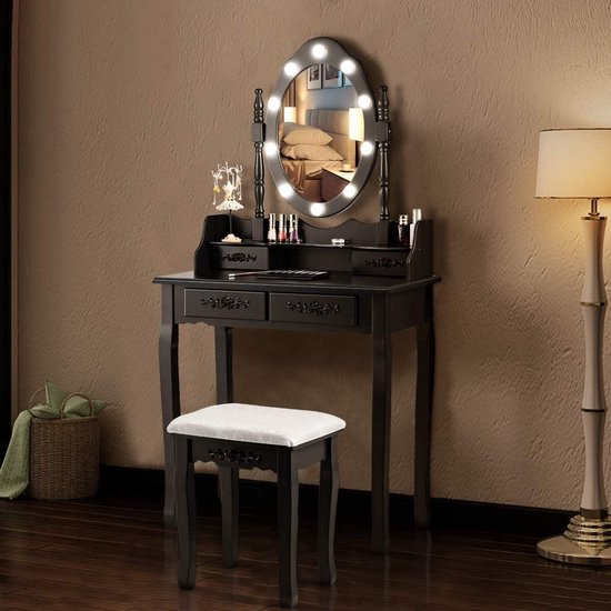 Meubles simples avec tiroirs et étagères, ensemble de coiffeuse avec  tabouret rembourré, coiffeuse avec miroir éclairé à DEL