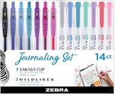 Zebra Journaling Set met 7 Mildliners en 7 Sarasa Clip 0.5mm Gelpennen, Set van 14 verpakt in een Luxe Zipperbag