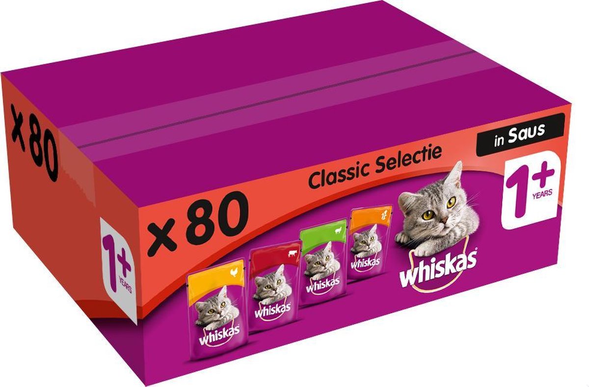 Whiskas 1+ Adult Voordeelpak Maaltijdzakjes - Classic in Saus - Kattenvoer - 80 x 100 g