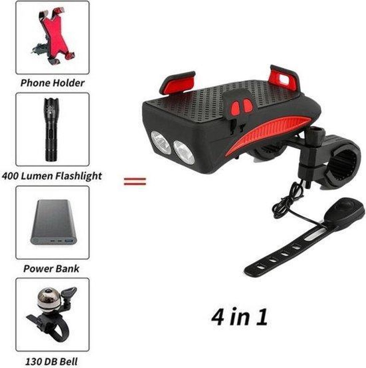 METAHUB Powerbank fiets telefoonhouder - zwart rood - fiets smartphone houder - 2400 mAh - claxon - koplamp