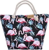 Dielay - Strandtas met Flamingo’s - Canvas - 50x35x15 cm - Zwart