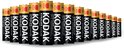 Een rij van oplopende Kodak XtraLife Alkaline AA batterijen.