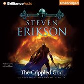 Boekcover van "The Crippled God" door Steven Erikson. Een krijger met helm, schild en zwaard staat voor een vurige achtergrond met een helm bovenaan.