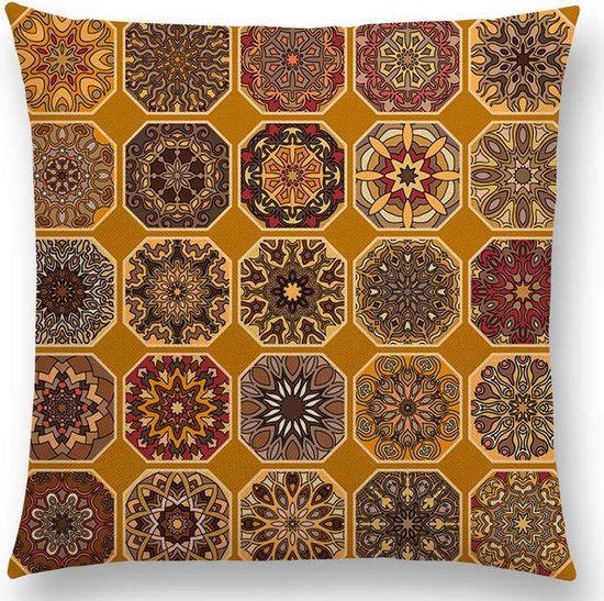 Mandala kussenhoes Yellow Blocks – DUBBELZIJDIG BEDRUKT – stevig grof linnen design - 45 x 45 cm - 6 kleuren
