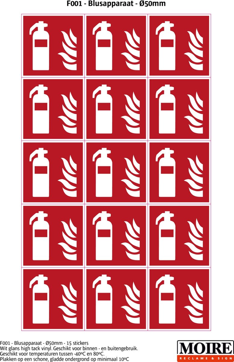 Pictogram sticker 75 stuks F001 - Blusapparaat - 50x50mm - 15 stickers op 1 vel