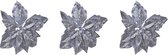 4x stuks decoratie bloemen kerststerren zilver glitter op clip 23 cm - Decoratiebloemen/kerstboomversiering
