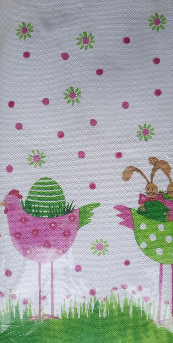 Tafelkleed papier 120x180 paaskleed - wit met roze en groene kippen en paasei - voorjaars tafellaken - paastafelkleed voor Pasen