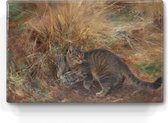 Kat met prooi - Bruno Liljefors - 30 x 19,5 cm - Niet van echt te onderscheiden schilderijtje op hout - Mooier dan een print op canvas - Laqueprint.