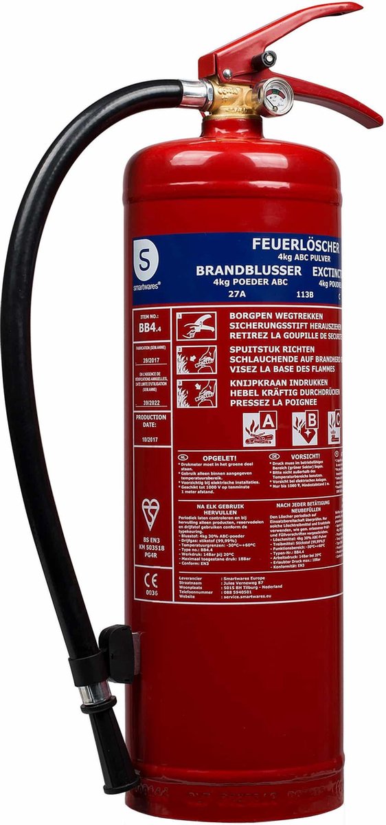 Smartwares FEX-15140 - Brandblusser Poeder 4kg - Incl ophangbeugel - Brandklasse ABC - BSI Gecertificeerd