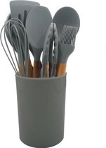 Keukengerei Set 12 stuks Natuurlijk Houten Handvat Lepels Spatel Kookgerei Turner Tang Siliconen Keukengerei Set (GRIJS)