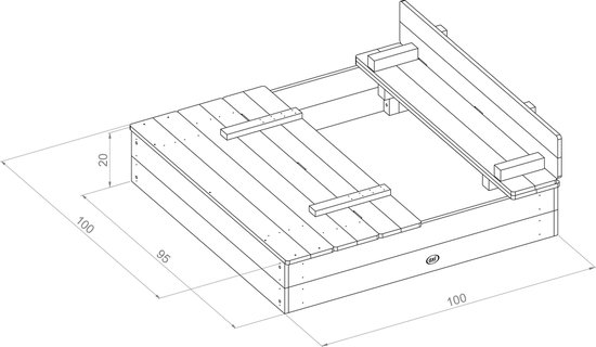 Vue schématique d'un bac à sable en bois gris anthracite avec des dimensions.